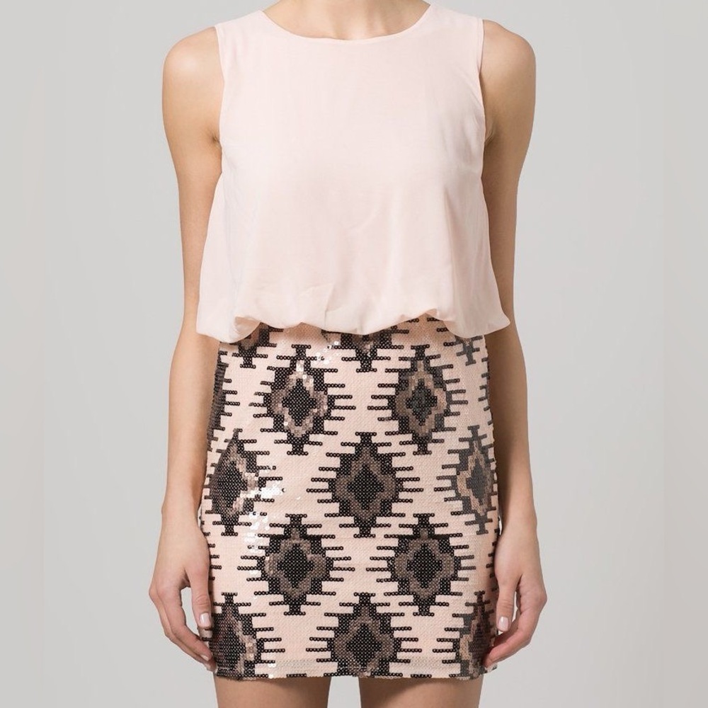 Sleeveless Blush Pink Mini Dress with Geometric Sequin Skirt